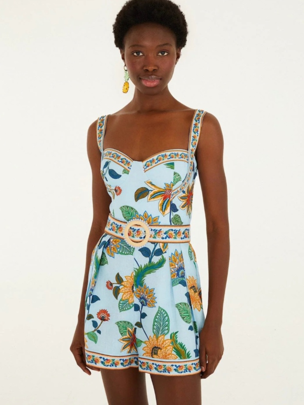 Floral Delhi Euroflax Premium Linen Romper ~ Light Blue